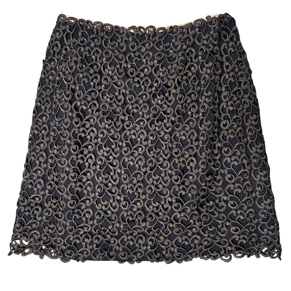 Bradley Bayou Lace Skirt Womens 10 Black Embroidered Knee Length Silk